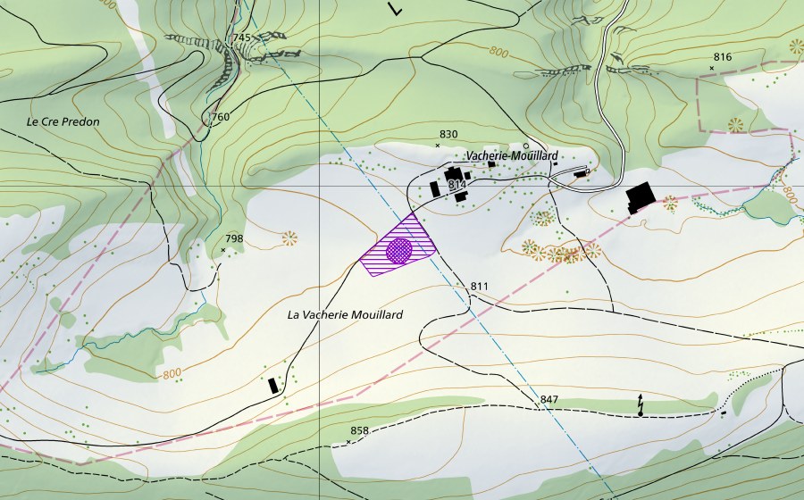 swisstopo national map showing the protected perimeter of Vacherie Mouillard (Amphibian spawning site)