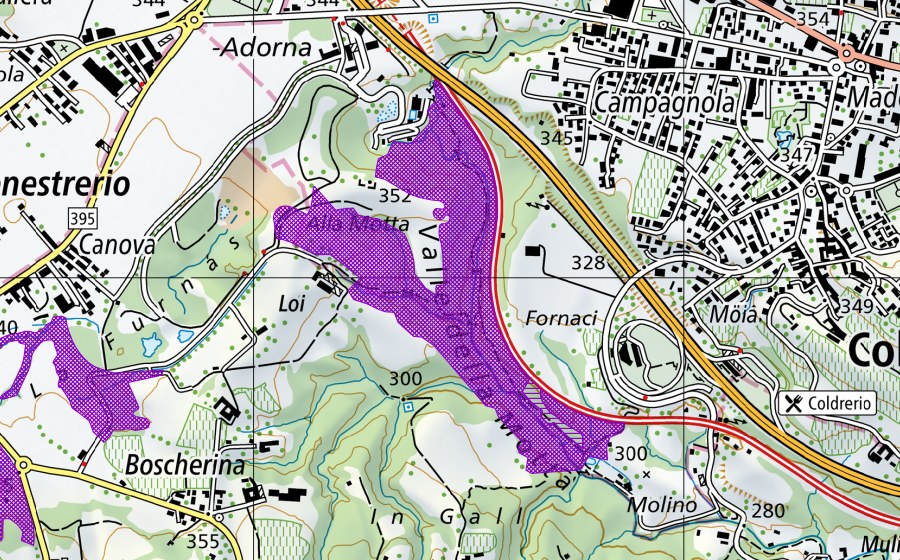 swisstopo national map showing the protected perimeter of Valle della Motta (Amphibian spawning site)