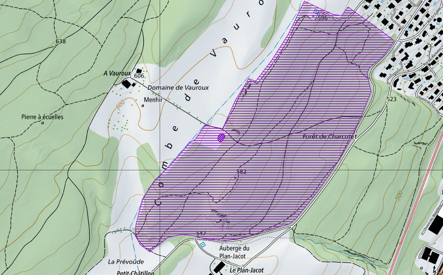 Carte nationale swisstopo avec le périmètre protégé de Vauroux (Site de reproduction de batraciens)