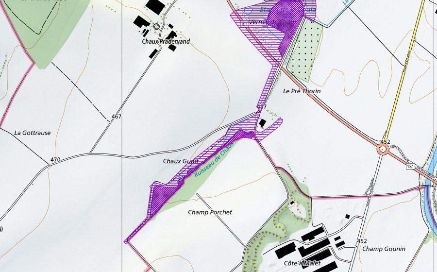 Landeskarte swisstopo mit dem Schutzperimeter von Vernez-de-Chaux, La Coula (Amphibienlaichgebiet)