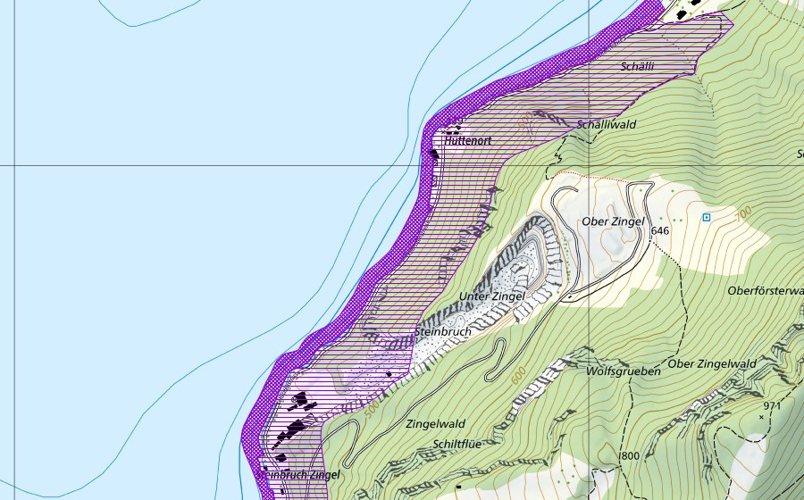 Carte nationale swisstopo avec le périmètre protégé de Vierwaldstättersee Hüttenort (Site de reproduction de batraciens)