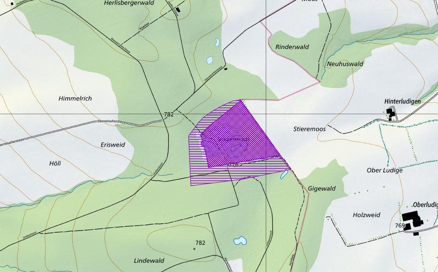 Carte nationale swisstopo avec le périmètre protégé de Vogelmoos (Site de reproduction de batraciens)