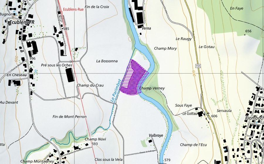 swisstopo national map showing the protected perimeter of Vuibroye (Amphibian spawning site)