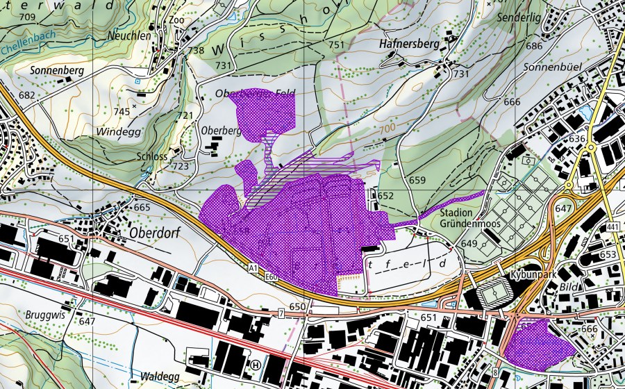 swisstopo national map showing the protected perimeter of Waffenplatz Breitfeld (Amphibian spawning site)