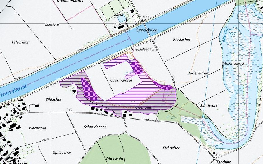 Carte nationale swisstopo avec le périmètre protégé de Waldgrube Scheuren, Orpundinsel (Site de reproduction de batraciens)