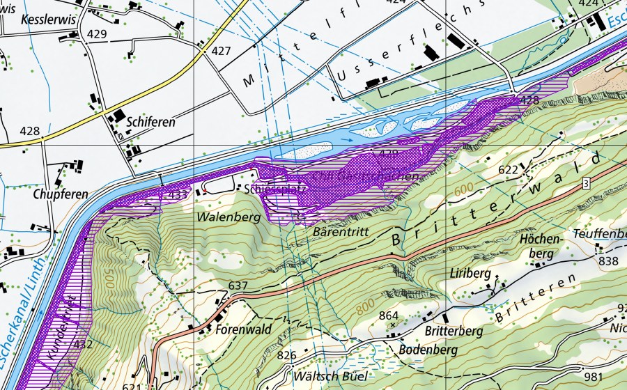 Carte nationale swisstopo avec le périmètre protégé de Walenberg (Site de reproduction de batraciens)