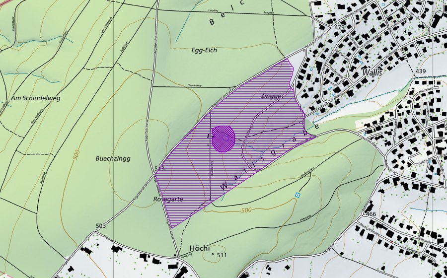 Carte nationale swisstopo avec le périmètre protégé de Walisgraben (Site de reproduction de batraciens)