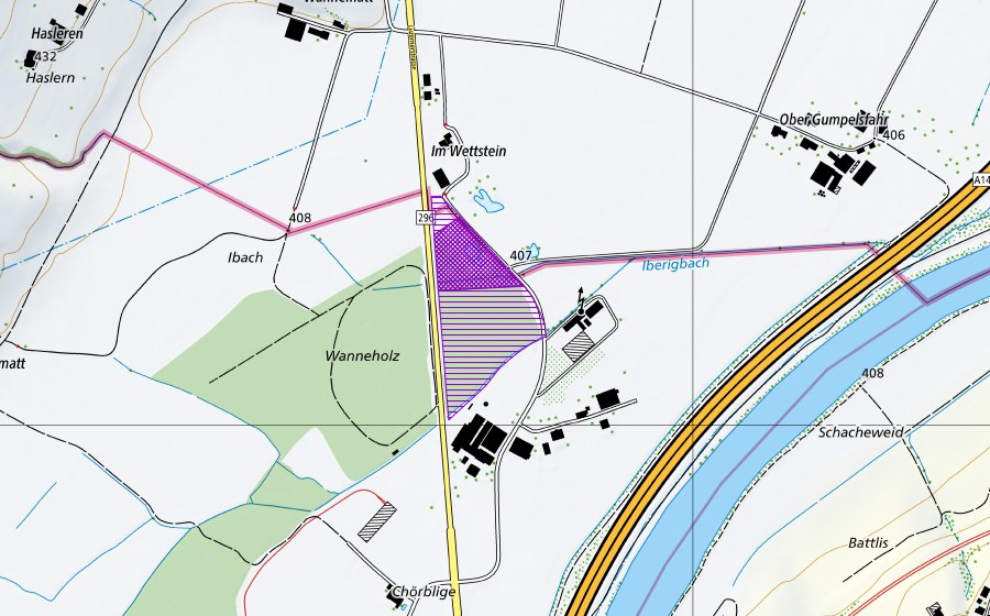 swisstopo national map showing the protected perimeter of Wannenholz (Amphibian spawning site)