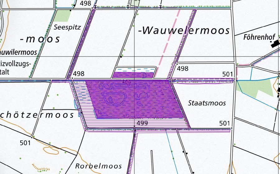 Carte nationale swisstopo avec le périmètre protégé de Wauwilermoos (Site de reproduction de batraciens)