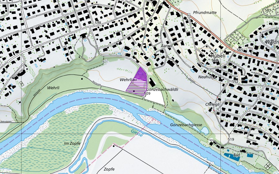 swisstopo national map showing the protected perimeter of Wehrliau Muribadparkplatz (Amphibian spawning site)