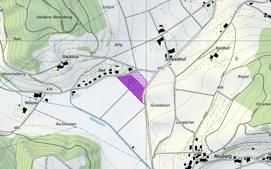 Landeskarte swisstopo mit dem Schutzperimeter von Weiertal (Amphibienlaichgebiet)