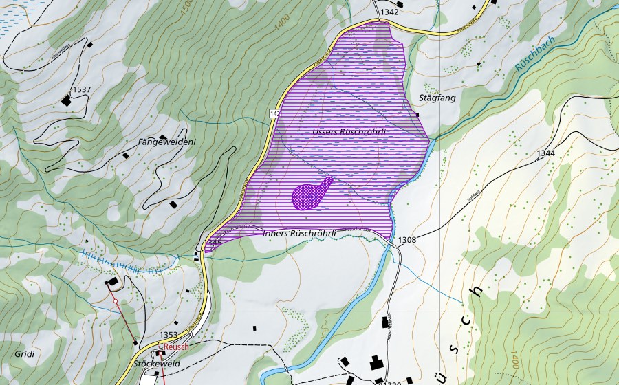 swisstopo national map showing the protected perimeter of Weiher am Rüschbach (Amphibian spawning site)