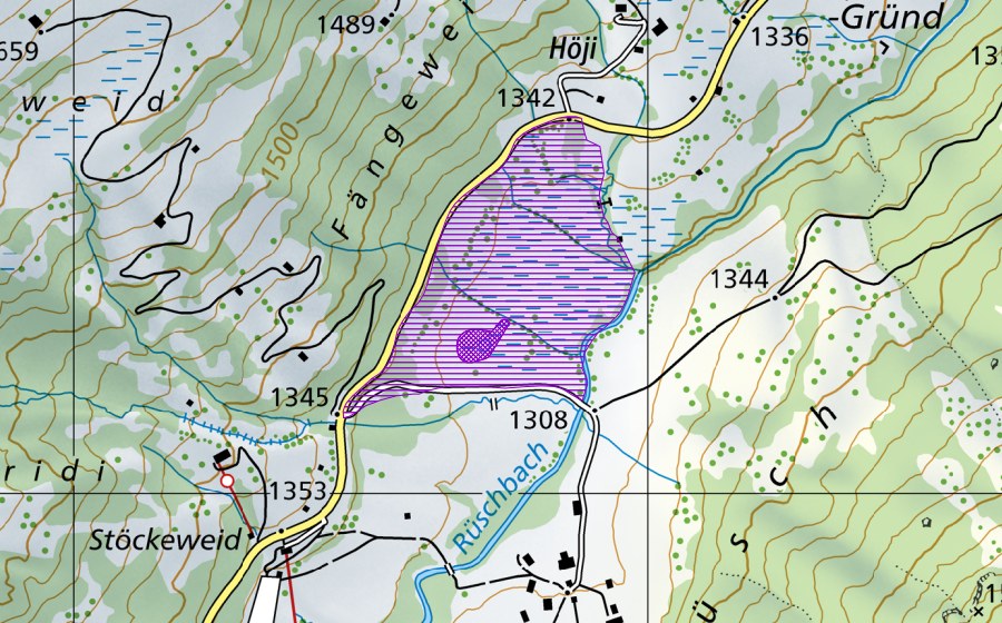 Carte nationale swisstopo avec le périmètre protégé de Weiher am Rüschbach (Site de reproduction de batraciens)