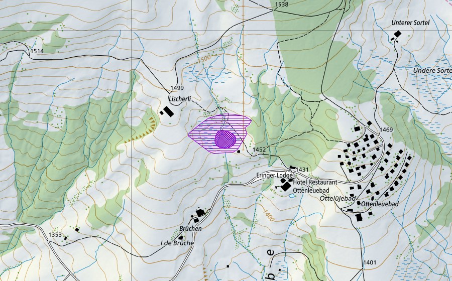 Carte nationale swisstopo avec le périmètre protégé de Weiher ob Ottenleuebad (Site de reproduction de batraciens)