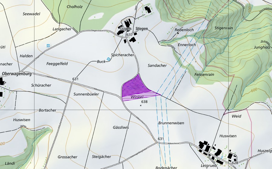 Landeskarte swisstopo mit dem Schutzperimeter von Weiher Stigenhof (Amphibienlaichgebiet)