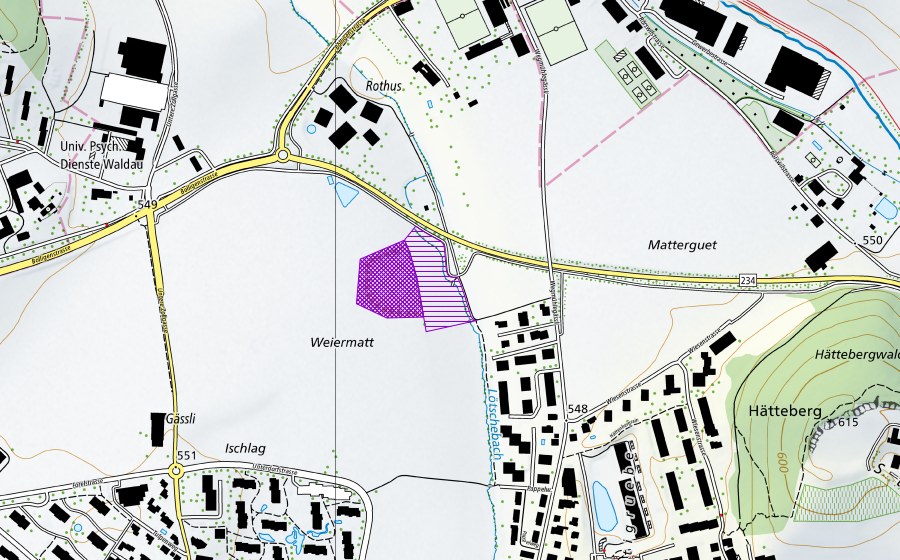 swisstopo national map showing the protected perimeter of Weihermatt (Amphibian spawning site)