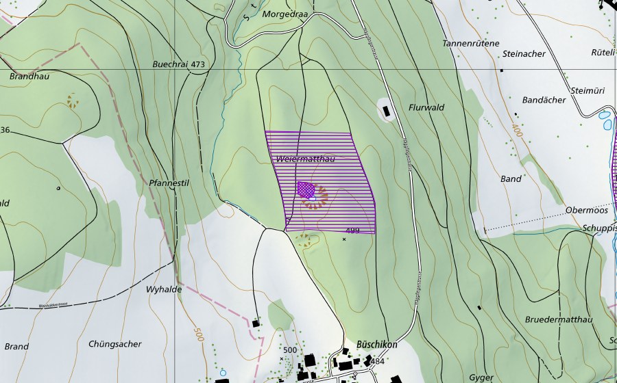 Carte nationale swisstopo avec le périmètre protégé de Weihermatthau (Site de reproduction de batraciens)