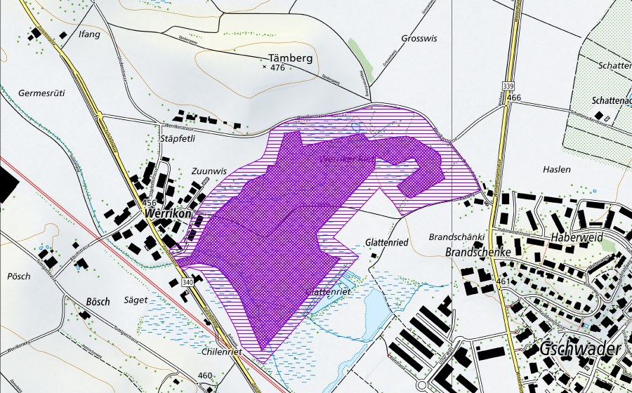 swisstopo national map showing the protected perimeter of Werriker-/Glattenried (Amphibian spawning site)
