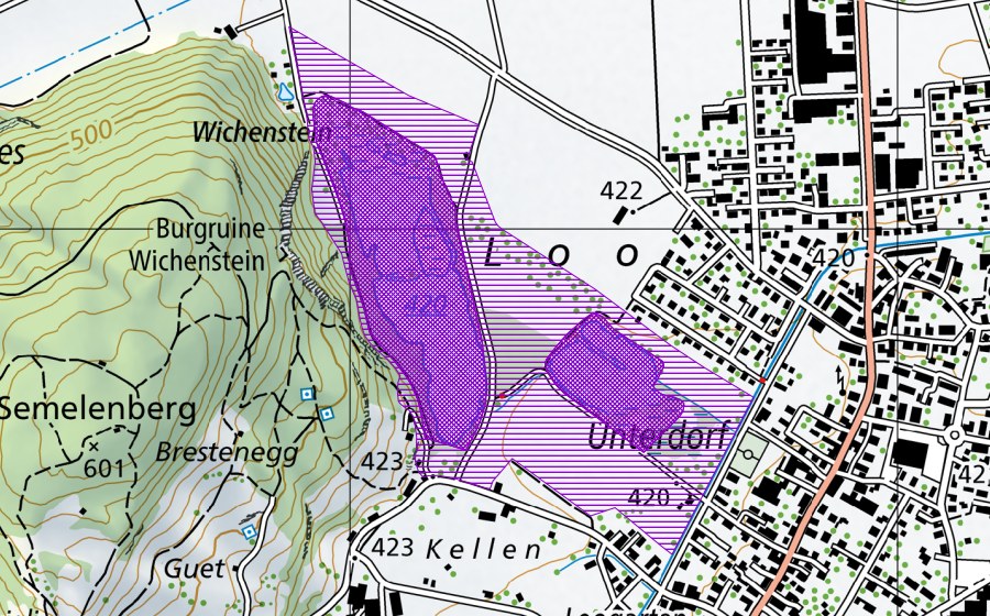 Carte nationale swisstopo avec le périmètre protégé de Wichenstein (Site de reproduction de batraciens)