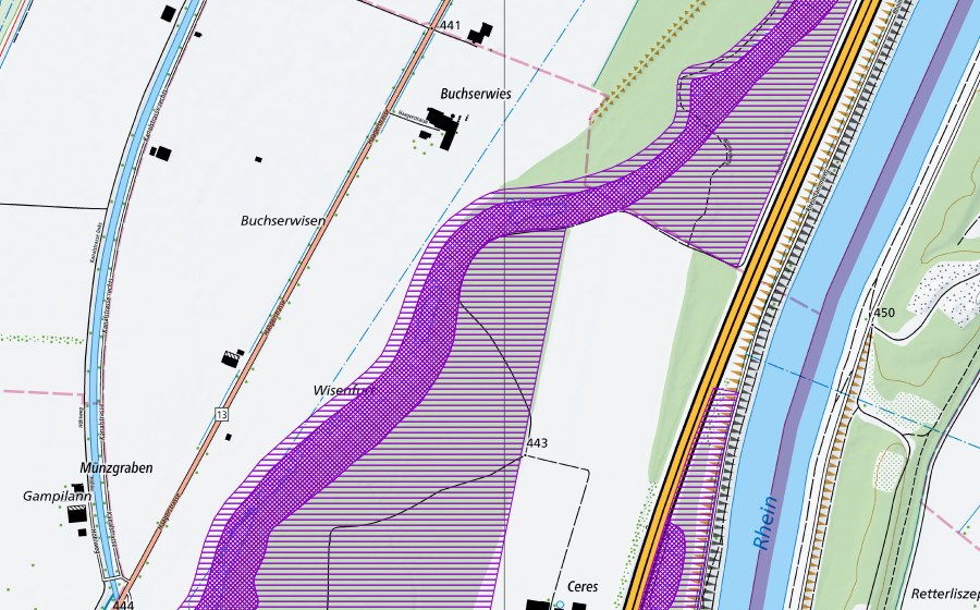 Landeskarte swisstopo mit dem Schutzperimeter von Wiesenfurt (Amphibienlaichgebiet)