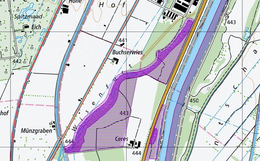 Landeskarte swisstopo mit dem Schutzperimeter von Wiesenfurt (Amphibienlaichgebiet)