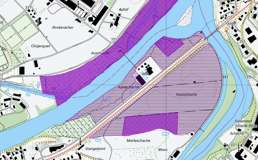 Landeskarte swisstopo mit dem Schutzperimeter von Windischer Schachen (Amphibienlaichgebiet)