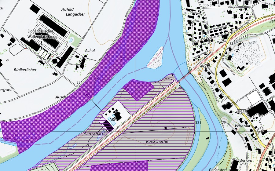 swisstopo national map showing the protected perimeter of Windischer Schachen (Amphibian spawning site)
