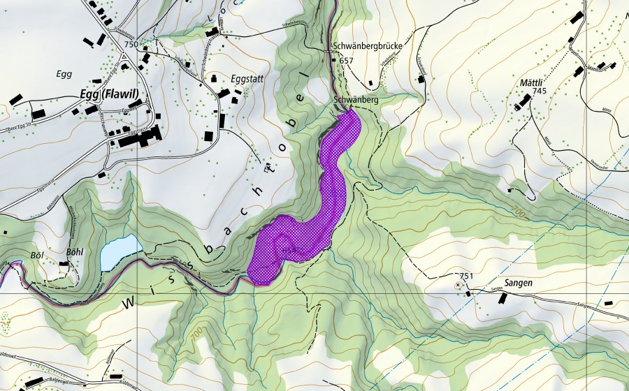 swisstopo national map showing the protected perimeter of Wissenbachschlucht (Amphibian spawning site)