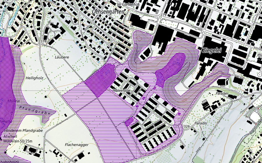swisstopo national map showing the protected perimeter of Ziegelei Allschwil (Amphibian spawning site)