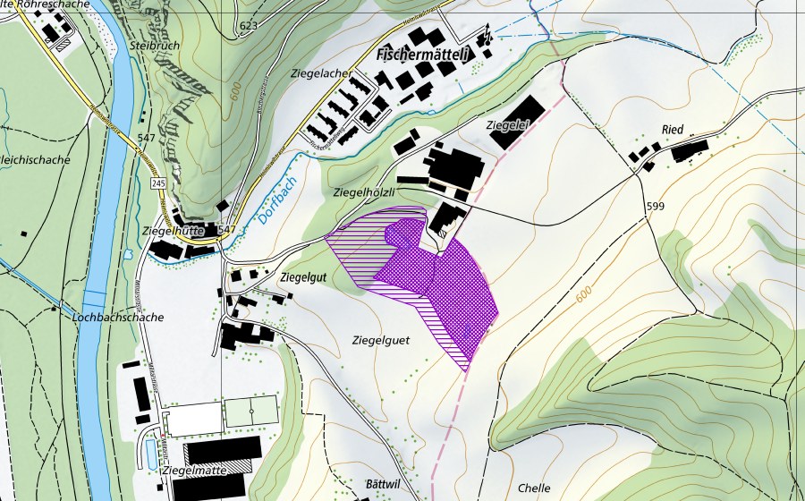 swisstopo national map showing the protected perimeter of Ziegelei Fischermätteli (Amphibian spawning site)