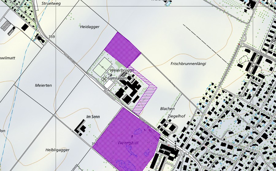 Landeskarte swisstopo mit dem Schutzperimeter von Ziegelei Oberwil (Amphibienlaichgebiet)