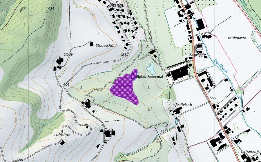 Carte nationale swisstopo avec le périmètre protégé de Ziegeleigrube Oberburg (Site de reproduction de batraciens)