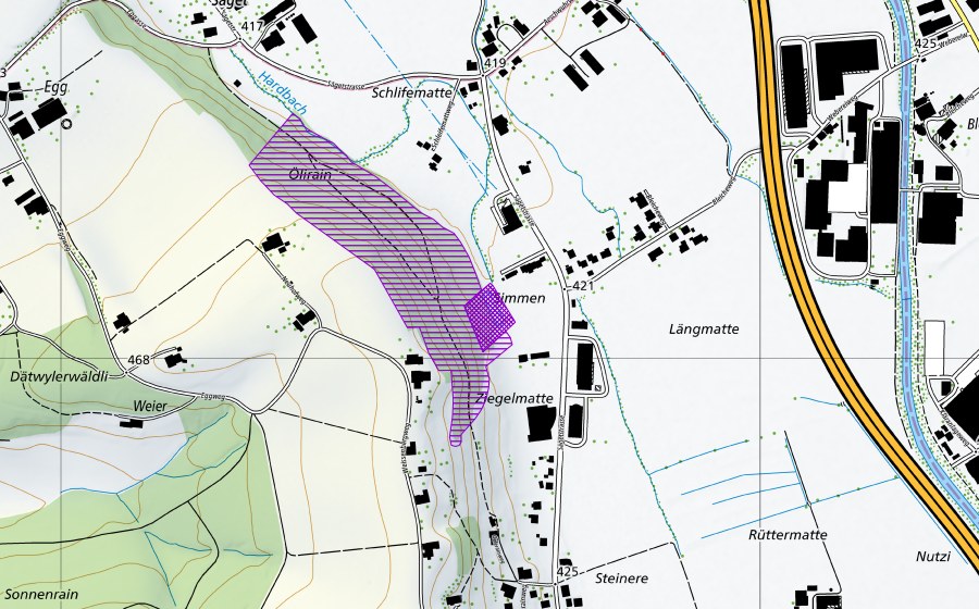 swisstopo national map showing the protected perimeter of Ziegelmatt (Amphibian spawning site)