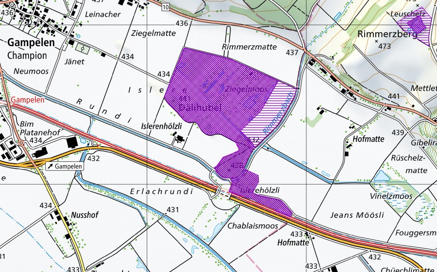 swisstopo national map showing the protected perimeter of Ziegelmoos - Islerendüne (Amphibian spawning site)