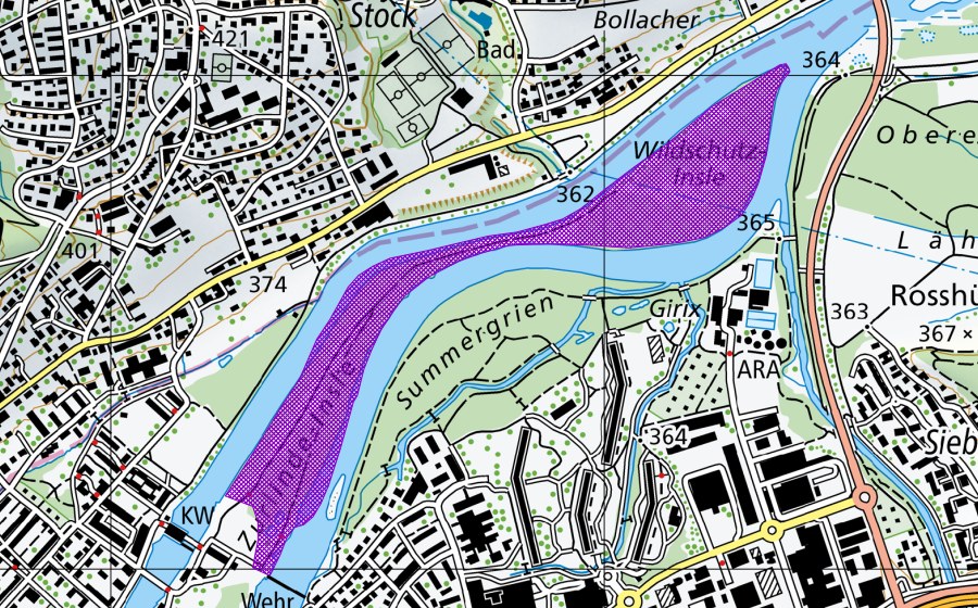 swisstopo national map showing the protected perimeter of Zurlindeninsel (Amphibian spawning site)