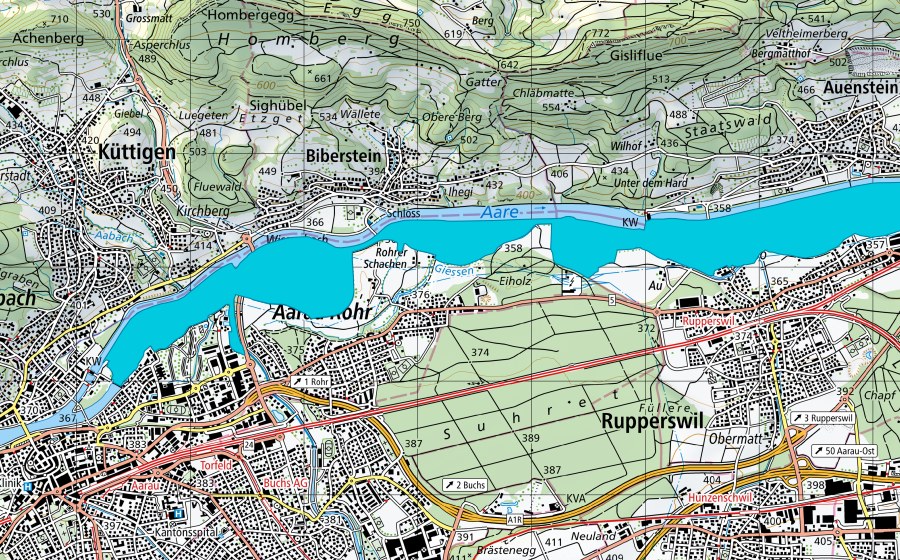 swisstopo national map showing the protected perimeter of Aarau - Rupperswil (Floodplain)