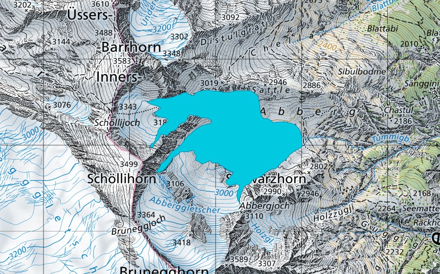 Carta nazionale swisstopo con il perimetro protetto di Abberggletscher (Zona golenale)