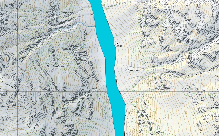 swisstopo national map showing the protected perimeter of Altboden (Floodplain)