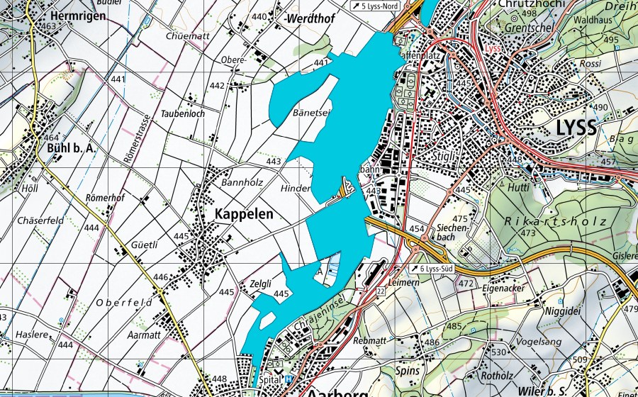 Carte nationale swisstopo avec le périmètre protégé de Alte Aare: Aarberg - Lyss (Zone alluviale)