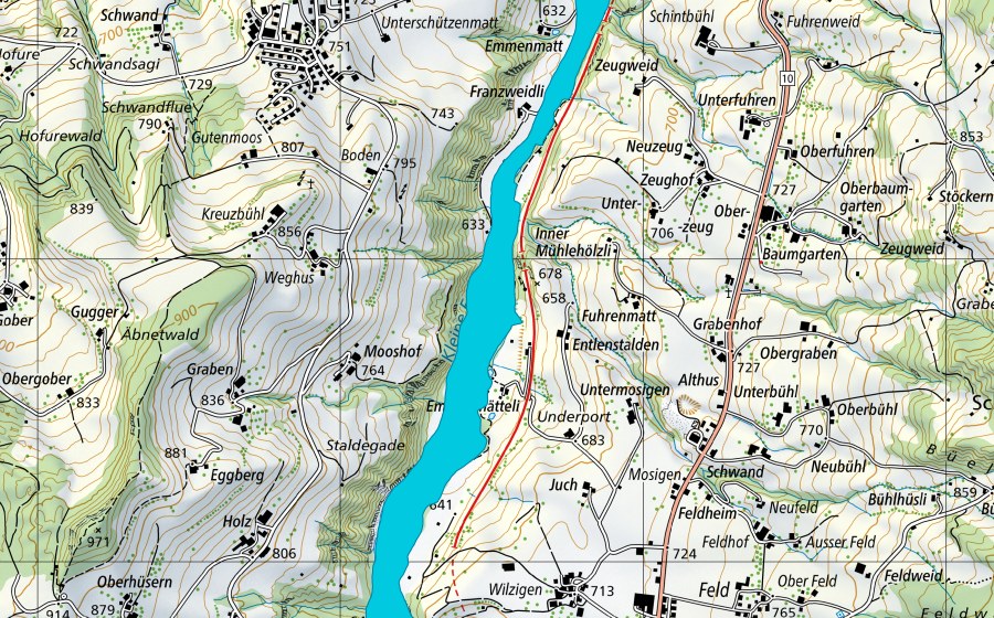 swisstopo national map showing the protected perimeter of Ämmenmatt (Floodplain)