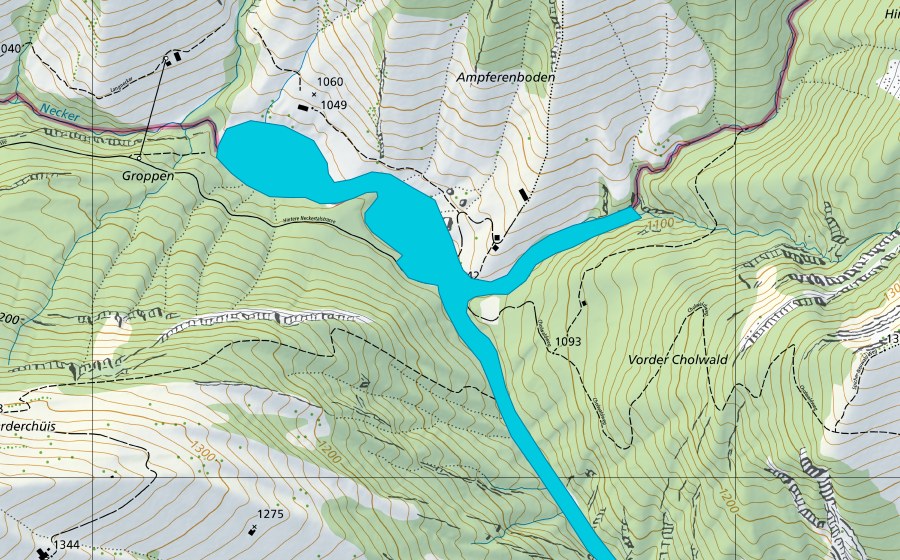 swisstopo national map showing the protected perimeter of Ampferenboden (Floodplain)