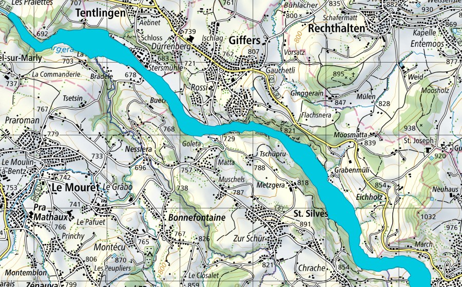 Carta nazionale swisstopo con il perimetro protetto di Ärgera: Plasselb - Marly (Zona golenale)