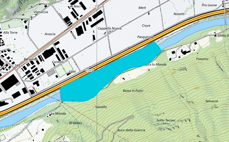 swisstopo national map showing the protected perimeter of Bassa (Floodplain)