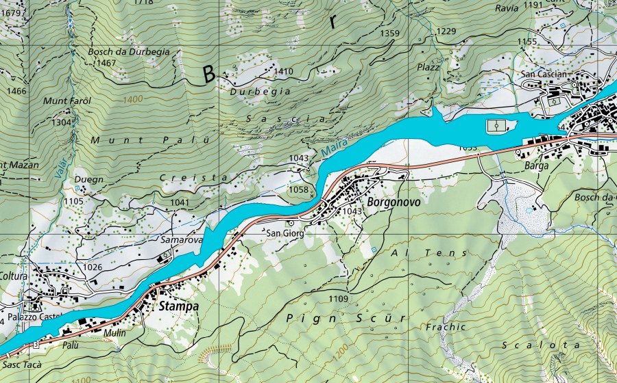 swisstopo national map showing the protected perimeter of Borgonovo - Stampa - Campac (Floodplain)