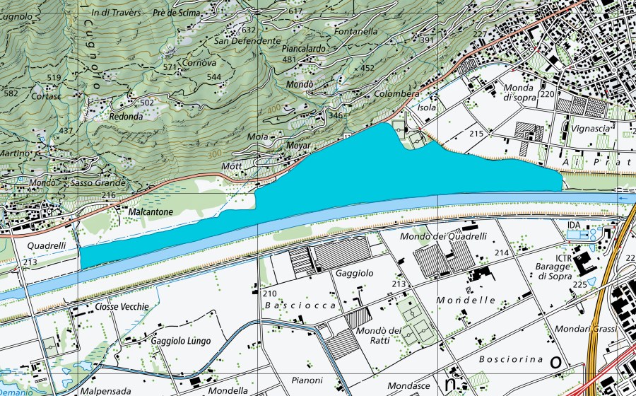 Carte nationale swisstopo avec le périmètre protégé de Boschetti (Zone alluviale)