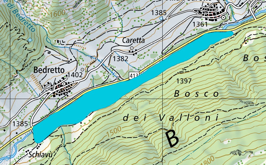 Carta nazionale swisstopo con il perimetro protetto di Bosco dei Valloni (Zona golenale)