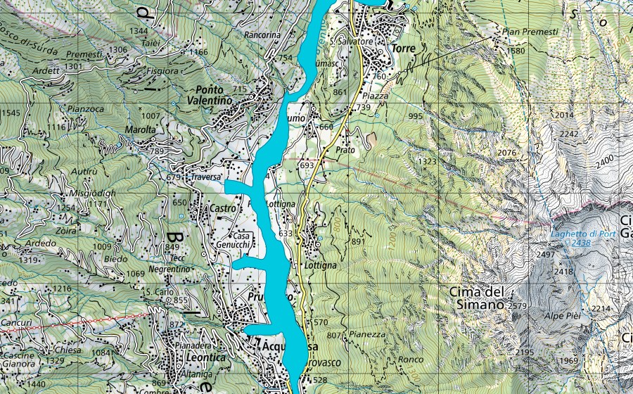 Carte nationale swisstopo avec le périmètre protégé de Brenno di Blenio (Zone alluviale)