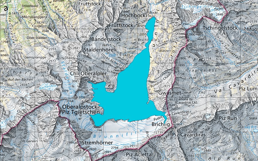 swisstopo national map showing the protected perimeter of Brunnifirn (Floodplain)