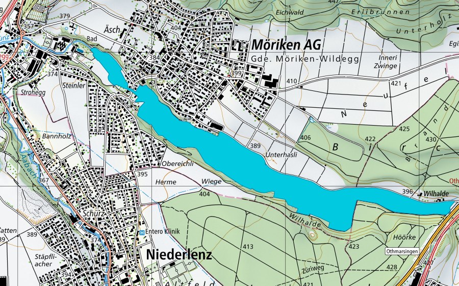 swisstopo national map showing the protected perimeter of Bünzaue Möriken - Othmarsingen (Floodplain)