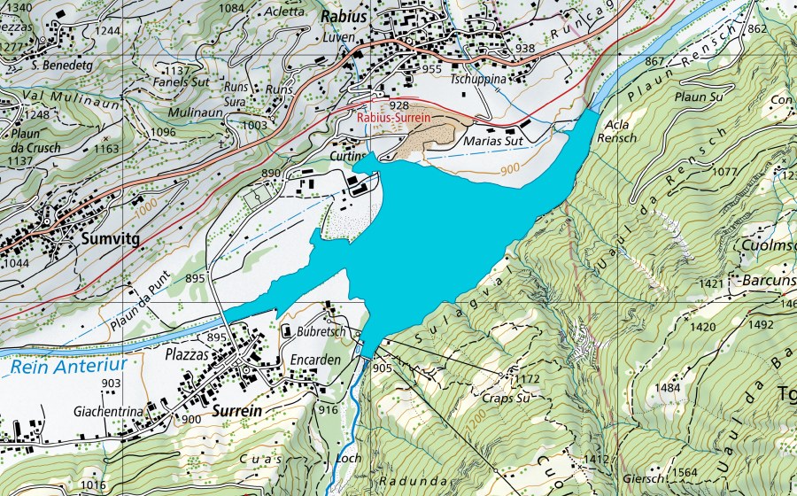 Landeskarte swisstopo mit dem Schutzperimeter von Cahuons (Auengebiet)